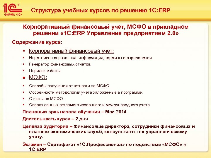 Структура учебных курсов по решению 1 С: ERP Корпоративный финансовый учет, МСФО в прикладном