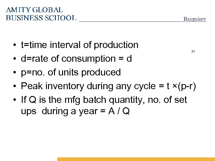 Bangalore • • • t=time interval of production d=rate of consumption = d p=no.