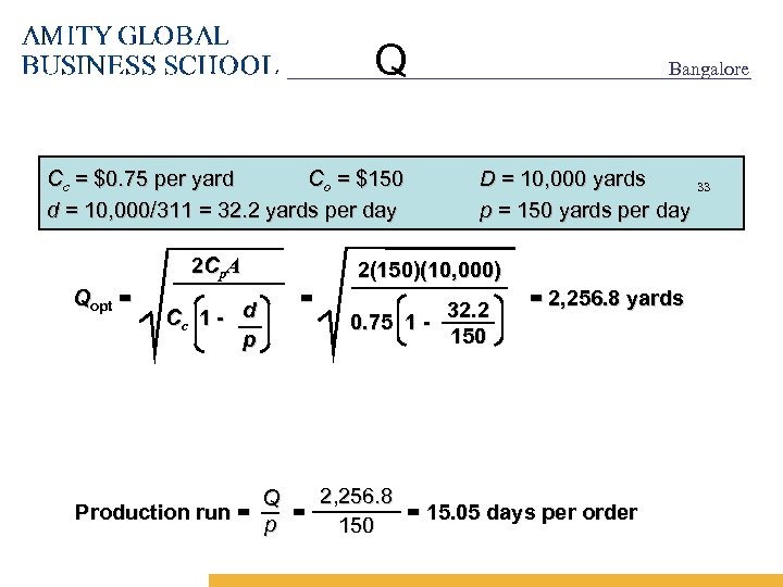Q Cc = $0. 75 per yard Co = $150 d = 10, 000/311