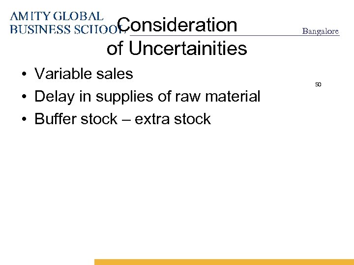 Consideration of Uncertainities • Variable sales • Delay in supplies of raw material •