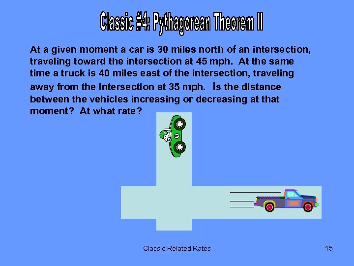 At a given moment a car is 30 miles north of an intersection, traveling