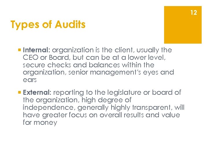 12 Types of Audits ¡ Internal: organization is the client, usually the CEO or