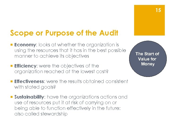 15 Scope or Purpose of the Audit ¡ Economy: looks at whether the organization