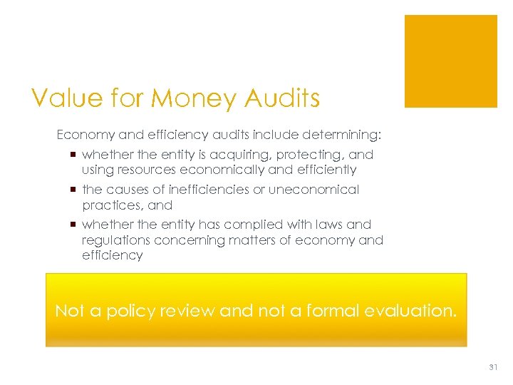 Value for Money Audits Economy and efficiency audits include determining: ¡ whether the entity