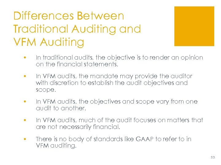 Differences Between Traditional Auditing and VFM Auditing • In traditional audits, the objective is