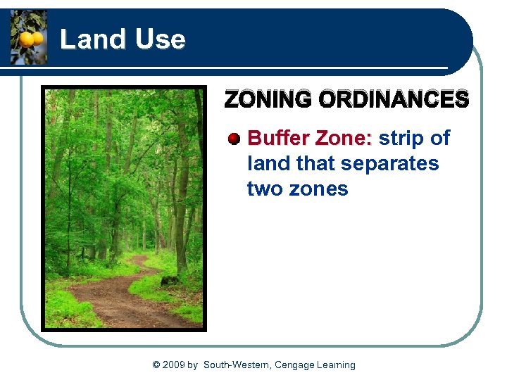Land Use ZONING ORDINANCES Buffer Zone: strip of land that separates two zones ©