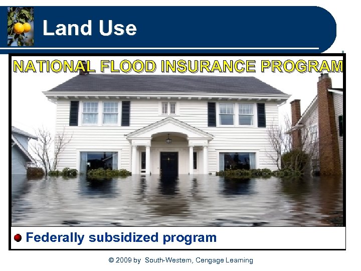 Land Use NATIONAL FLOOD INSURANCE PROGRAM Federally subsidized program © 2009 by South-Western, Cengage
