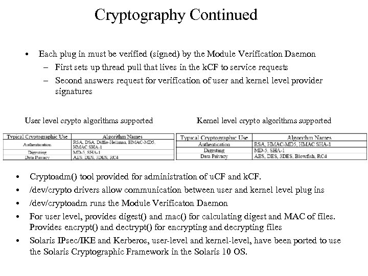 Cryptography Continued • Each plug in must be verified (signed) by the Module Verification