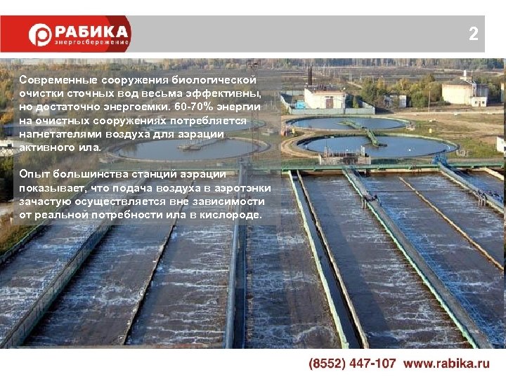 2 Современные сооружения биологической очистки сточных вод весьма эффективны, но достаточно энергоемки. 60 -70%