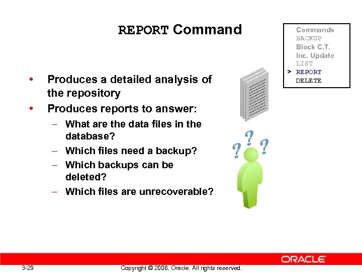 REPORT Command • • Produces a detailed analysis of the repository Produces reports to