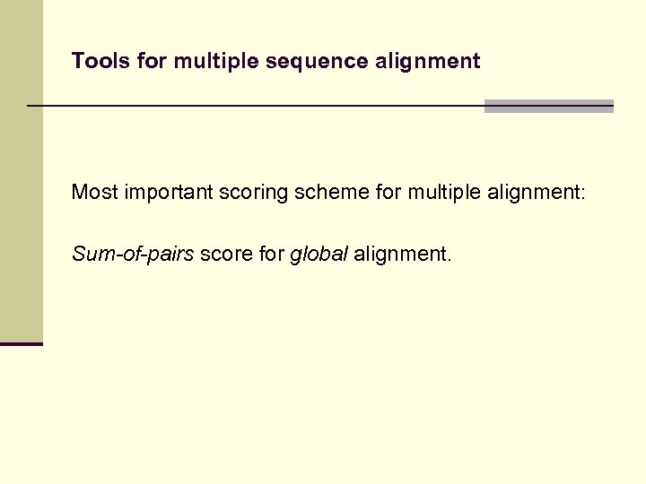 Tools for multiple sequence alignment Most important scoring scheme for multiple alignment: Sum-of-pairs score
