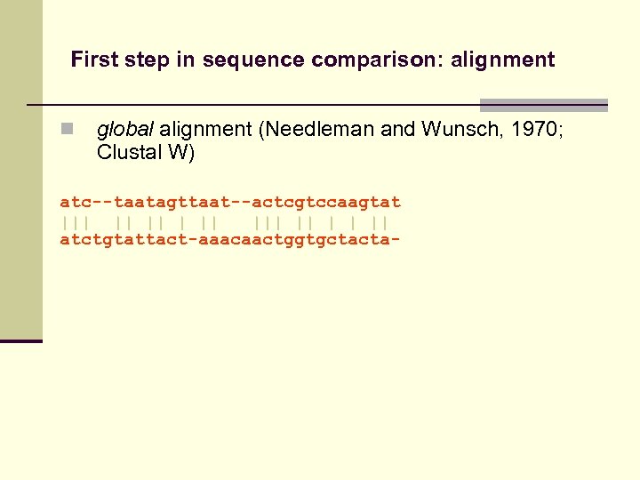 First step in sequence comparison: alignment n global alignment (Needleman and Wunsch, 1970; Clustal