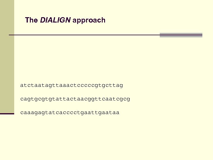 The DIALIGN approach atctaatagttaaactcccccgtgcttag cagtgcgtgtattactaacggttcaatcgcg caaagagtatcacccctgaataa 