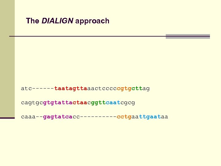 The DIALIGN approach atc------taatagttaaactcccccgtgcttag cagtgcgtgtattactaacggttcaatcgcg caaa--gagtatcacc-----cctgaataa 