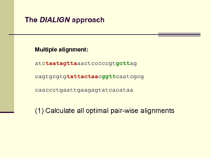 The DIALIGN approach Multiple alignment: atctaatagttaaactcccccgtgcttag cagtgcgtgtattactaacggttcaatcgcg caaccctgaattgaagagtatcacataa (1) Calculate all optimal pair-wise alignments