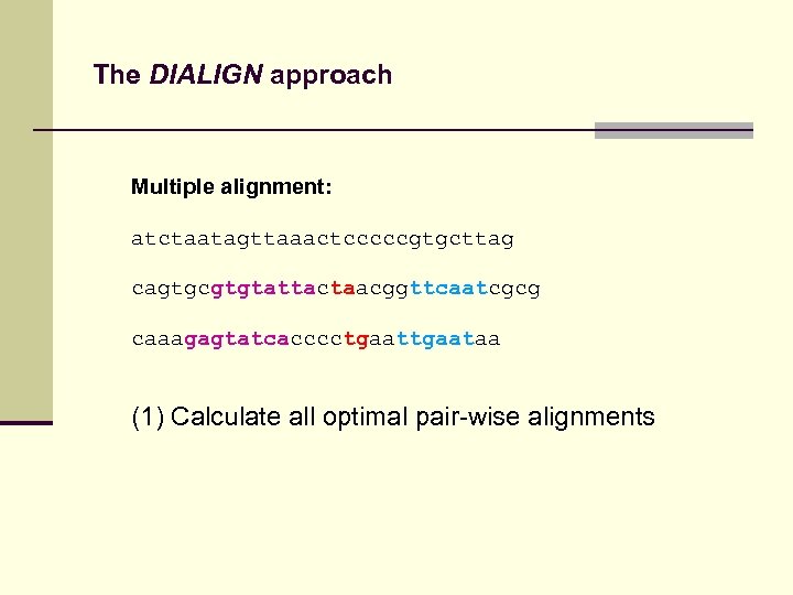 The DIALIGN approach Multiple alignment: atctaatagttaaactcccccgtgcttag cagtgcgtgtattactaacggttcaatcgcg caaagagtatcacccctgaataa (1) Calculate all optimal pair-wise alignments