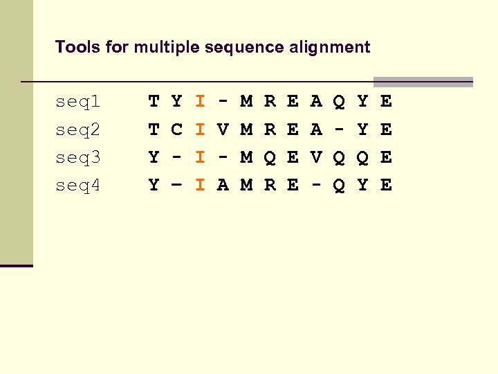Tools for multiple sequence alignment seq 1 seq 2 seq 3 seq 4 T