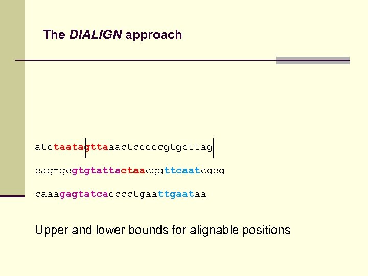 The DIALIGN approach atctaatagttaaactcccccgtgcttag cagtgcgtgtattactaacggttcaatcgcg caaagagtatcacccctgaataa Upper and lower bounds for alignable positions 