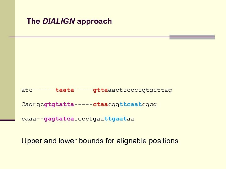 The DIALIGN approach atc------taata-----gttaaactcccccgtgcttag Cagtgcgtgtatta-----ctaacggttcaatcgcg caaa--gagtatcacccctgaataa Upper and lower bounds for alignable positions 