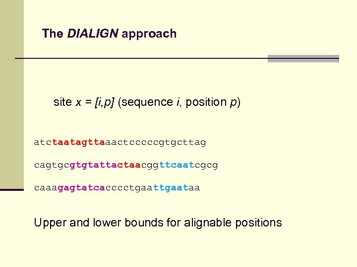 The DIALIGN approach site x = [i, p] (sequence i, position p) atctaatagttaaactcccccgtgcttag cagtgcgtgtattactaacggttcaatcgcg
