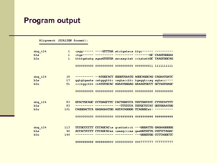 Program output Alignment (DIALIGN format): ============== dog_il 4 bla blu 1 1 1 cagg------GTTTGA
