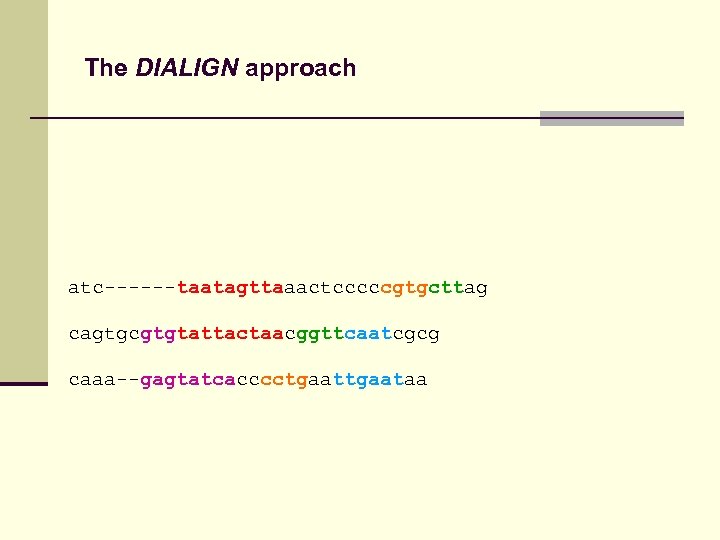 The DIALIGN approach atc------taatagttaaactcccccgtgcttag cagtgcgtgtattactaacggttcaatcgcg caaa--gagtatcacccctgaataa 