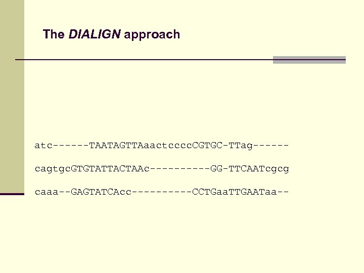 The DIALIGN approach atc------TAATAGTTAaactcccc. CGTGC-TTag-----cagtgc. GTGTATTACTAAc-----GG-TTCAATcgcg caaa--GAGTATCAcc-----CCTGaa. TTGAATaa-- 