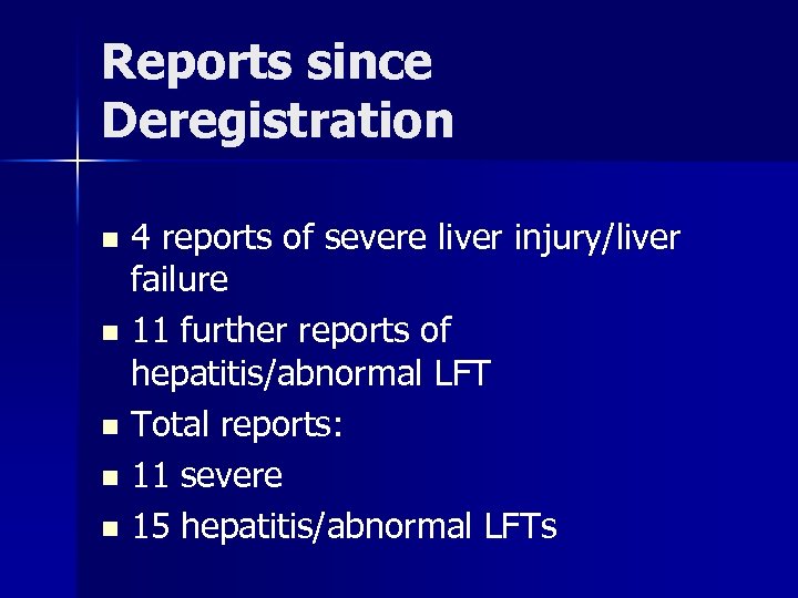 Reports since Deregistration 4 reports of severe liver injury/liver failure n 11 further reports