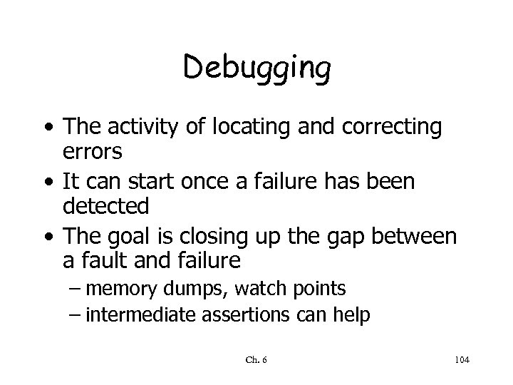 Debugging • The activity of locating and correcting errors • It can start once