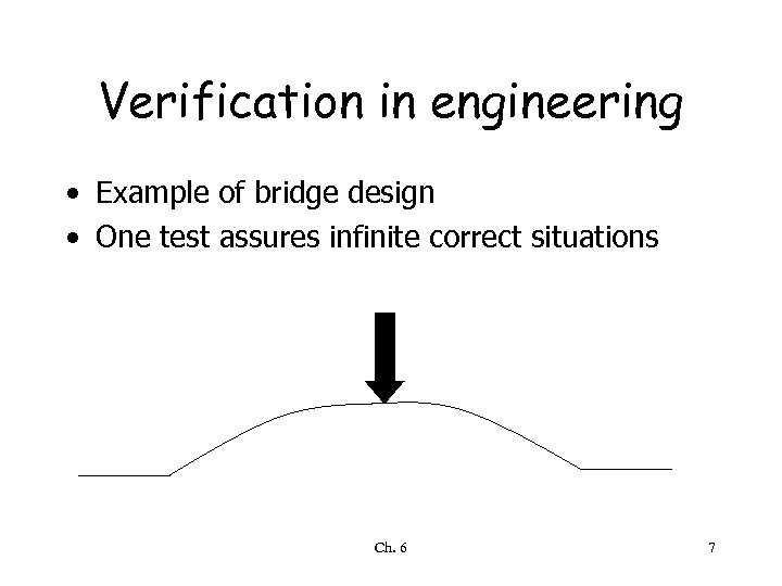 Verification in engineering • Example of bridge design • One test assures infinite correct