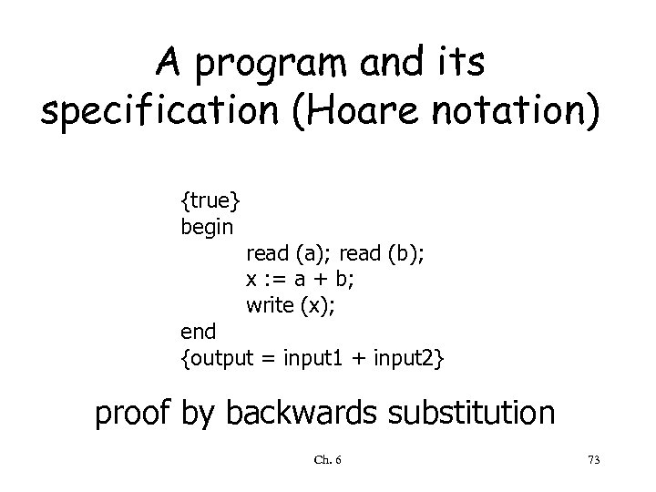 A program and its specification (Hoare notation) {true} begin read (a); read (b); x