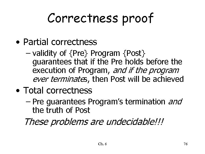 Correctness proof • Partial correctness – validity of {Pre} Program {Post} guarantees that if