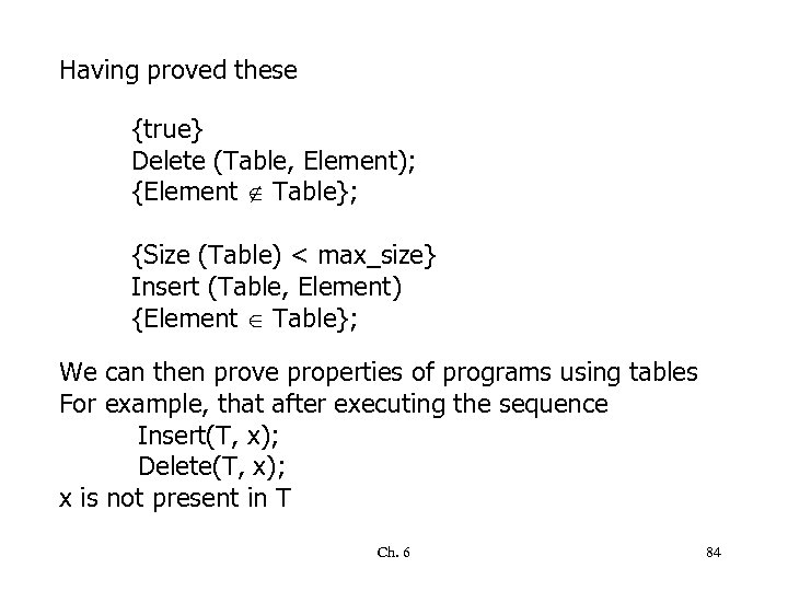 Having proved these {true} Delete (Table, Element); {Element Table}; {Size (Table) < max_size} Insert