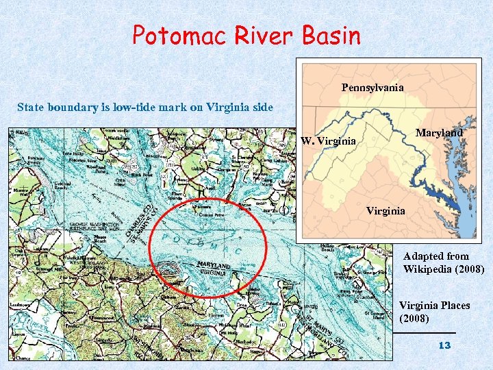 Potomac River Basin Pennsylvania State boundary is low-tide mark on Virginia side Maryland W.