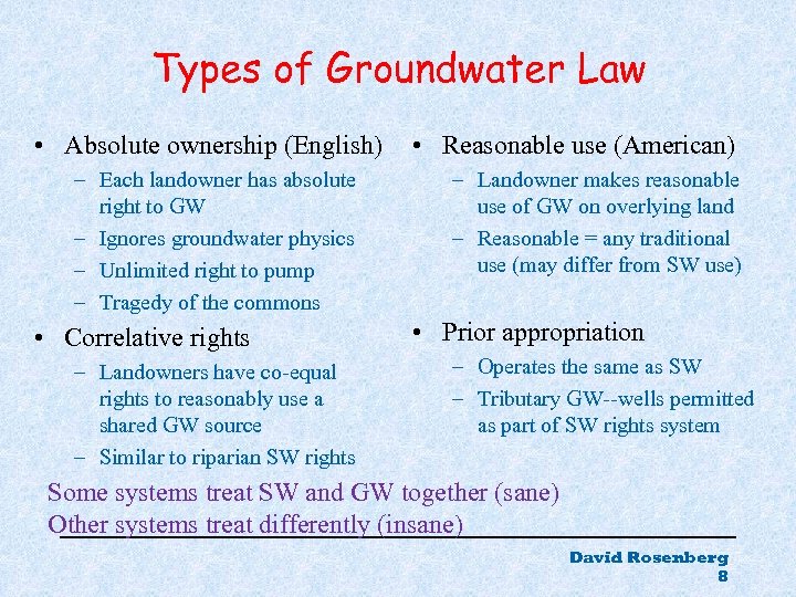 Types of Groundwater Law • Absolute ownership (English) – Each landowner has absolute right