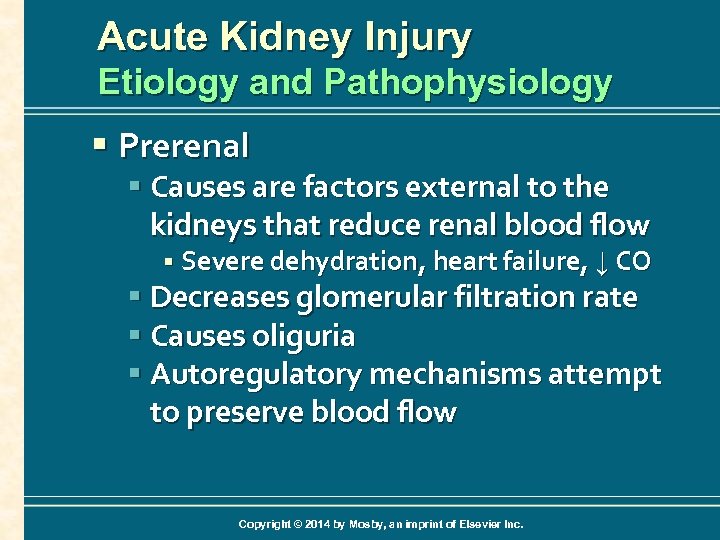 Acute Kidney Injury Etiology and Pathophysiology § Prerenal § Causes are factors external to