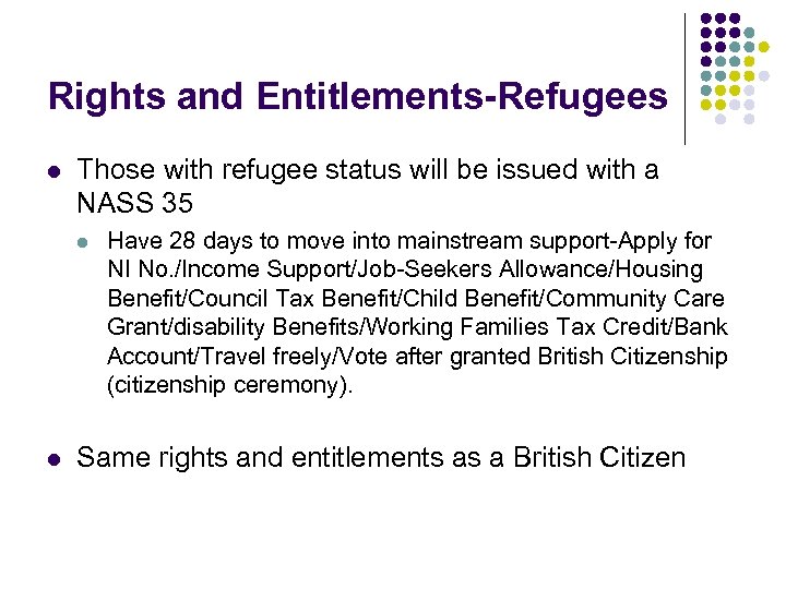 Rights and Entitlements-Refugees l Those with refugee status will be issued with a NASS