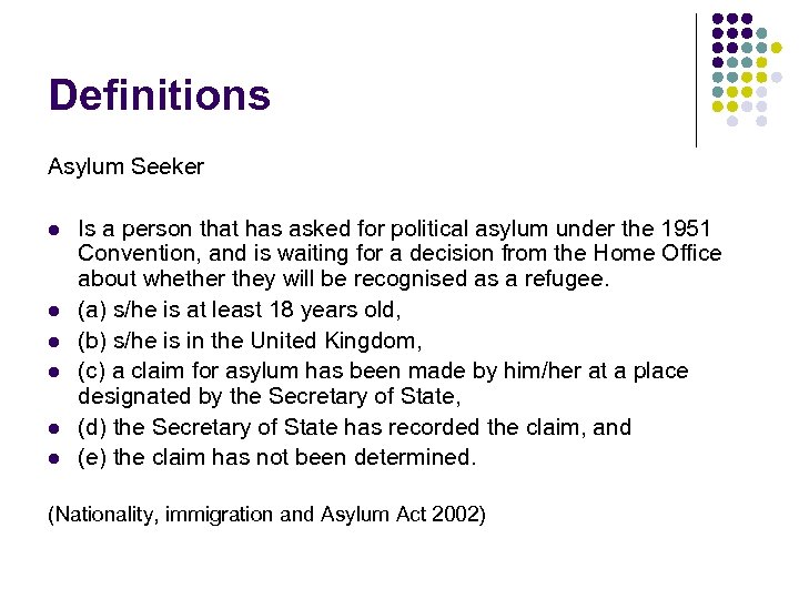 Definitions Asylum Seeker l l l Is a person that has asked for political