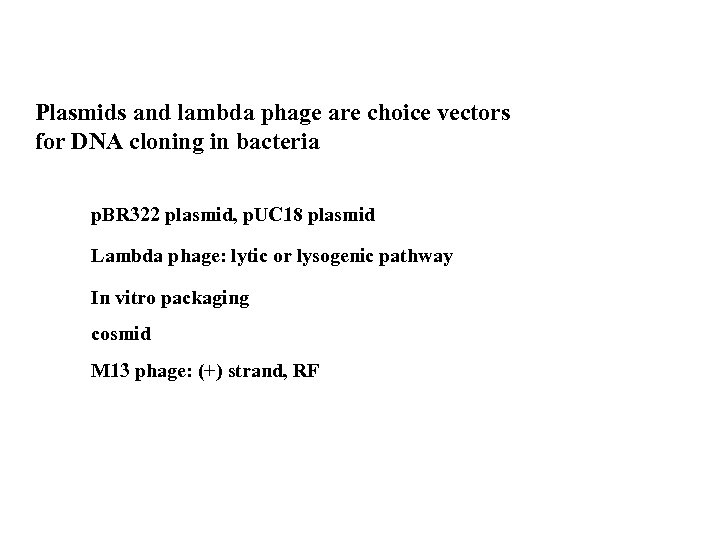 Plasmids and lambda phage are choice vectors for DNA cloning in bacteria p. BR