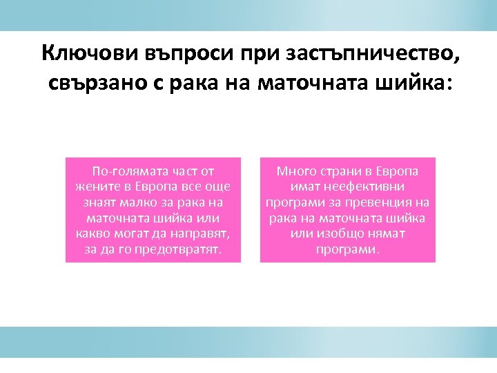 Ключови въпроси при застъпничество, свързано с рака на маточната шийка: По-голямата част от жените