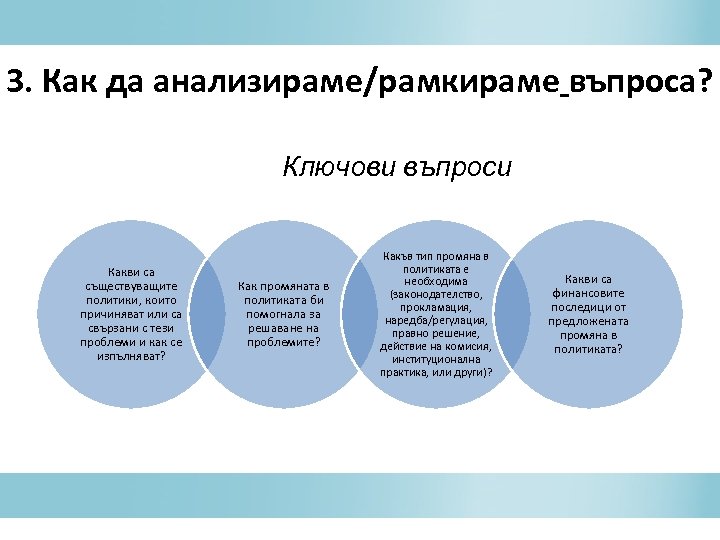 3. Как да анализираме/рамкираме въпроса? Ключови въпроси Какви са съществуващите политики, които причиняват или