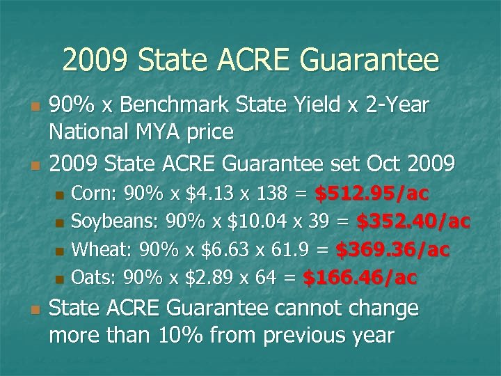 2009 State ACRE Guarantee n n 90% x Benchmark State Yield x 2 -Year