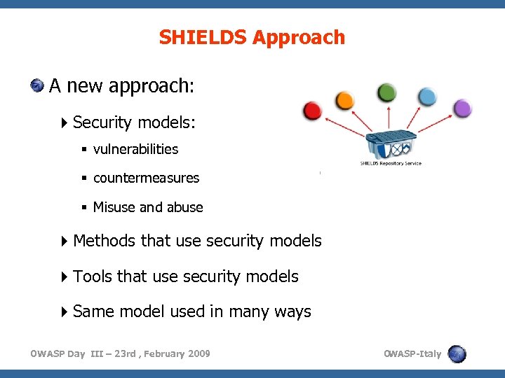 SHIELDS Approach A new approach: Security models: vulnerabilities countermeasures Misuse and abuse Methods that