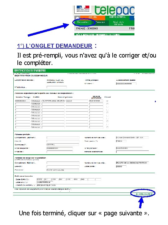 1°) L’ONGLET DEMANDEUR : Il est pré-rempli, vous n'avez qu'à le corriger et/ou le