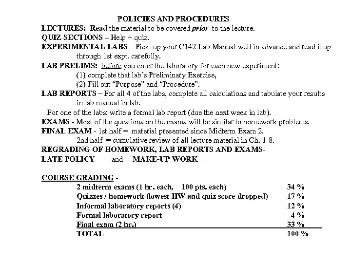 POLICIES AND PROCEDURES LECTURES: Read the material to be covered prior to the lecture.