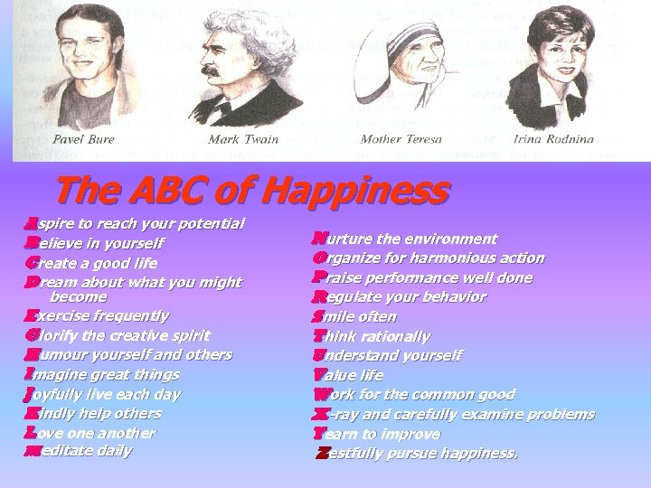 The ABC of Happiness Aspire to reach your potential Believe in yourself Create a