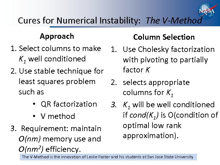 Cures for Numerical Instability: The V-Method Approach Column Selection 1. Select columns to make