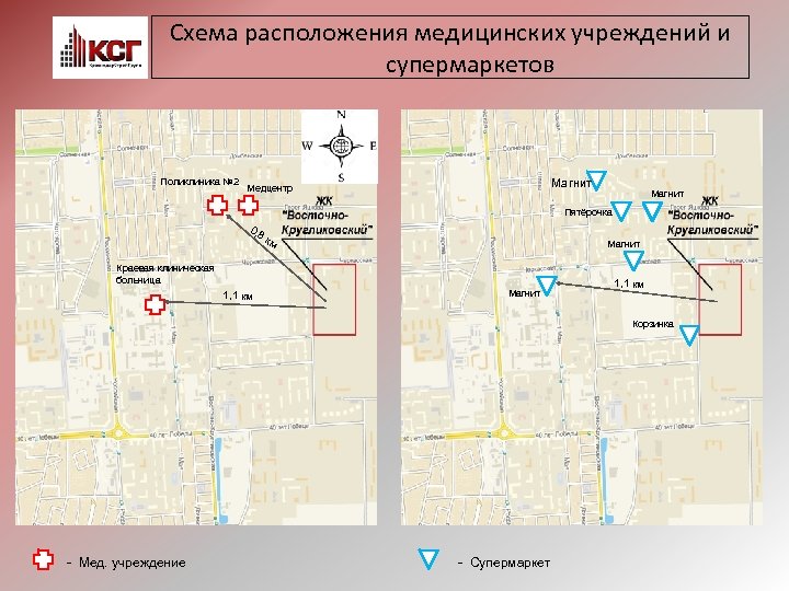 Схема расположения медицинских учреждений и супермаркетов Поликлиника № 2 Магнит Медцентр Магнит Пятёрочка 0,