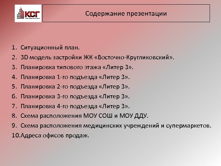 Содержание презентации 1. Ситуационный план. 2. 3 D модель застройки ЖК «Восточно-Кругликовский» . 3.