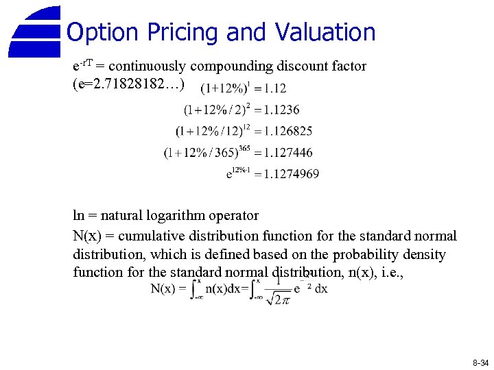 Option Pricing and Valuation e-r. T = continuously compounding discount factor (e=2. 71828182…) ln